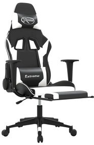 Cadeira de gaming c/ apoio pés couro artificial preto/branco