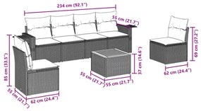 7 pcs conjunto sofás p/ jardim c/ almofadões vime PE cinzento