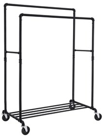 Rack de roupas para tubos industriais SONGMICS sobre rodas, carga máxima de 110 kg, trilho duplo suspenso, metal resistente com prateleira, classe comercial, preto HSR60B