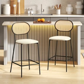 Conjunto de 2 Bancos de Bar Bancos Altos de Cozinha com Encosto em Vime Assento em PU Estrutura de Aço 45x50x97 cm Creme