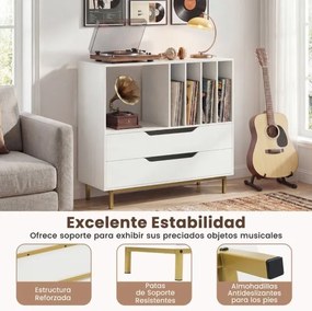 Suporte para gira-discos e para discos de vinil 91 x 36 x 87 cm com compartimento aberto 4 prateleiras e 2 gavetas e pés de metal branco