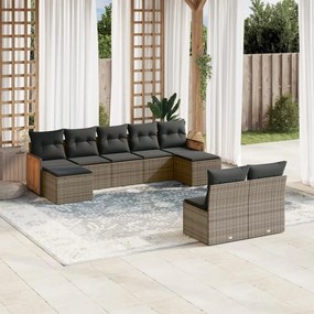 9 pcs conjunto sofás p/ jardim com almofadões vime PE cinzento
