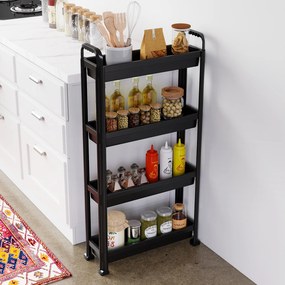 Carrinho estreito de 4 níveis com rodas e pegas 54 × 18,5 × 103 cm Organizador móvel para cozinha, casa de banho, lavandaria e escritório Preto