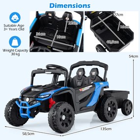 Carro eletrico para crianças 12V com reboque destacável a bateria com 3 velocidades Luzes LED Música Azul