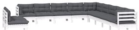 11 pcs conj. lounge de jardim c/ almofadões pinho maciço branco