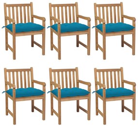 Cadeiras de jardim c/ almofadões azul-claro 6 pcs teca maciça