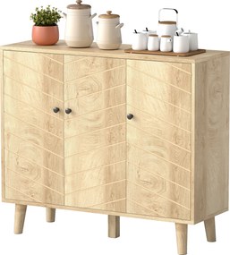 Aparador de cozinha 88,3 x 30 x 76 cm, móvel de arrumação com 3 portas com padrão em ziguezague e pés em madeira de pinho, madeira natural