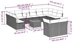 13 pcs conjunto sofás p/ jardim c/ almofadões vime PE cinzento
