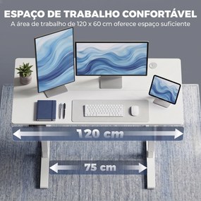 Secretária Elevatória com Memória, Altura Regulável, 2 Passa-Cabos e Ecrã LED, Branco