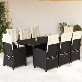 vidaXL 9 pcs conjunto de jantar p/ jardim c/ almofadões vime PE preto