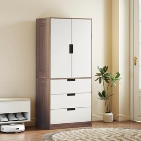 Guarda Roupa de 2 portas, armário moderno com 3 gavetas e varão para pendurar roupa, para quarto, castanho