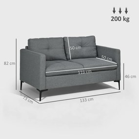 Sofá de 2 lugares contemporâneo com base em metal preto e tecido com efeito de linho cinzento escuro