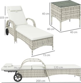 Conjunto de 2 espreguiçadeiras: colchão, apoio para a cabeça, inclinação ajustável, rodas + mesa baixa em vidro temperado creme