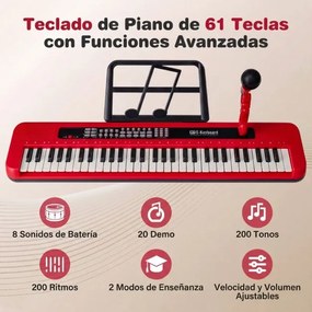 Teclado de piano de 61 teclas para crianças – Brinquedo musical, piano digital educativo com suporte ajustável, microfone e suporte para partituras ve