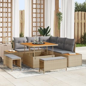 Conjunto de Sofá de Jardim de 8 Peças com Almofadas Bege de Vime Acáci