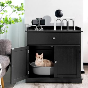 Caixa de areia para gatos com gaveta 2 portas Armário de cabeceira Caixa de areia Mesa de apoio 76 x 53 x 74 cm Preto