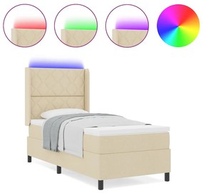 Cama Box Spring com colchão e LED creme 100x200 cm, tecido