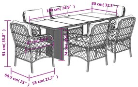 7 pcs conjunto de jantar p/ jardim c/ almofadões vime PE preto