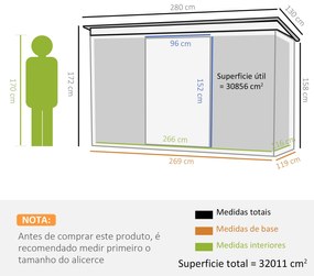 Abrigo de Jardim Metálico – 280x130x172 cm – Com Porta de Correr, Vent