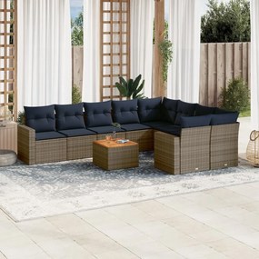 10 pcs conjunto sofás p/ jardim c/ almofadões vime PE cinzento