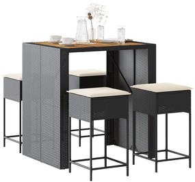 vidaXL 5 pcs conjunto de bar p/ jardim c/ almofadões vime PE preto
