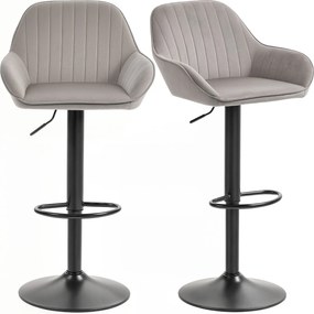 Conjunto de 2 bancos de bar, cadeiras de bar em veludo com encosto, apoio para os pés, altura ajustável e giratórias, na cor cinzenta
