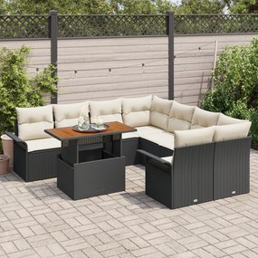 Conjunto de Sofás de Jardim vidaXL 9 Peças com Almofadas Preto Rattan