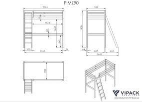 Cama alta de Criança PINO 90 x 200 cm + estrado + escada + tampo de secretária Cinzenta