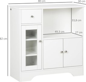 Aparador de cozinha moderno com porta de vidro, gaveta, nicho amplo e prateleiras ajustáveis 80 x 30 x 82 cm branco