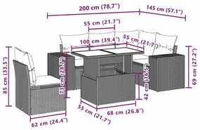 6 pcs conjunto sofás de jardim c/ almofadões vime PE preto
