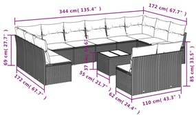 13 pcs conjunto de sofás p/ jardim com almofadões vime PE bege