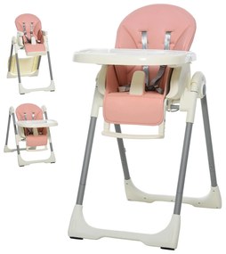 HOMCOM Cadeira de refeição ajustável e dobrável para bebê acima de 6 meses com bandeja dupla 55x80x104 cm Rosa