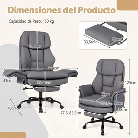 Cadeira de Escritório com Apoio para os Pés, 63-114 x 78 x 118-125 cm, Encosto Reclinável, Cinzento