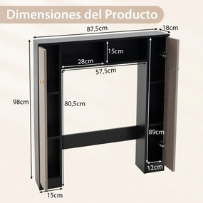 Estante sobre sanita de casa de banho 87,5 x 18 x 98 cm com 2 portas e 2 compartimentos abertos Preto e Castanho