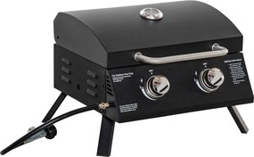 Outsunny Churrasco a Gás de Mesa Transportável Dobrável 2 Queimadores 5 kW Campismo Grelha Recipiente de Gordura Termômetro Aço Preto | Aosom Portugal
