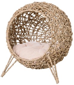 PawHut Caverna de rattan PE para gatos com Almofada com tripé de flanela e almofada de algodão macio Φ52x58 cm Cor de madeira natural