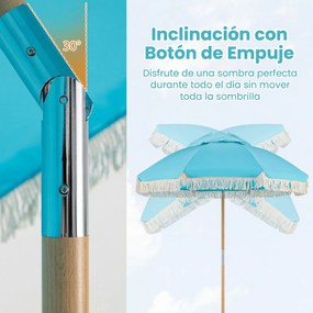 Guarda-sol de praia grande, 173 cm, mastro de madeira, 8 varas de fibra de vidro, inclinável, com borlas, para exterior e jardim, azul