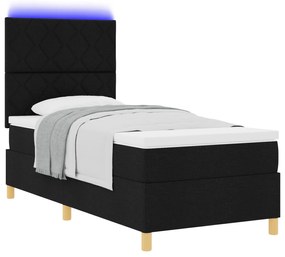 Cama Box Spring com Colchão &amp; LED Preto 90x200 cm Tecido