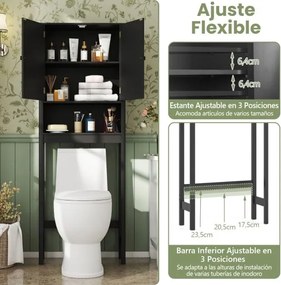 Armário casa banho sobre sanita 60 x 23 x 168 cm com portas caneladas, prateleira ajustável e economizador de espaço Preto