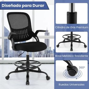 Cadeira de escritório giratória alta em malha com apoios de braços rebatíveis e apoio para os pés ajustável preta.