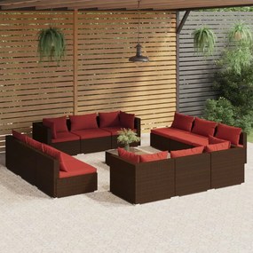 vidaXL 13 pcs conjunto lounge de jardim c/ almofadões vime PE castanho