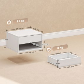 Conjunto de 2 mesas de cabeceira de parede, com gaveta, compartimento aberto e tabuleiro, 37 x 32 x 21 cm, branco