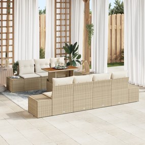 Conjunto de Sofá de Jardim de 8 Peças com Almofadas Bege Vime PE