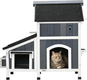 PawHut Casa para Gatos de Madeira com Suporte para Flores de 2 Níveis e Teto Asfáltico 96x65x85,5 cm Cinza | Aosom Portugal