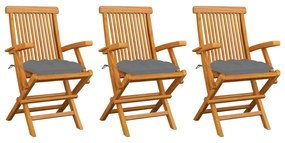 vidaXL Cadeiras de jardim c/ almofadões cinzentos 3 pcs teca maciça