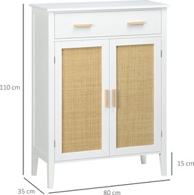 Sapateira com 2 portas com efeito de vime e gaveta, 80 x 35 x 110 cm, branco