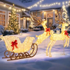 Renas LED com trenó natal com 280 luzes para decoração interna e externa com laços e bolas em branco quente