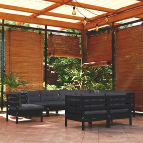 vidaXL 9 pcs conjunto lounge jardim c/ almofadões pinho maciço preto