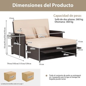 Conjunto sofá cama jardim de 2 lugares em rattan com pufe multifunções Tabuleiro lateral retrátil Encosto ajustável de 4 níveis Castanho
