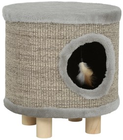 PawHut Casa para Gatos 3 em 1 Banco Apoio para os Pés e Cama com Arranhador e Brinquedo Pendurado 36x36x38 cm Cinzento | Aosom Portugal